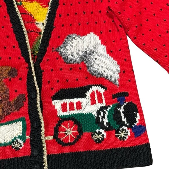 VTG 90s Talbots Womens Large Christmas Toy Train Hand Knit Red Cardigan Sweater - Picture 6 of 12